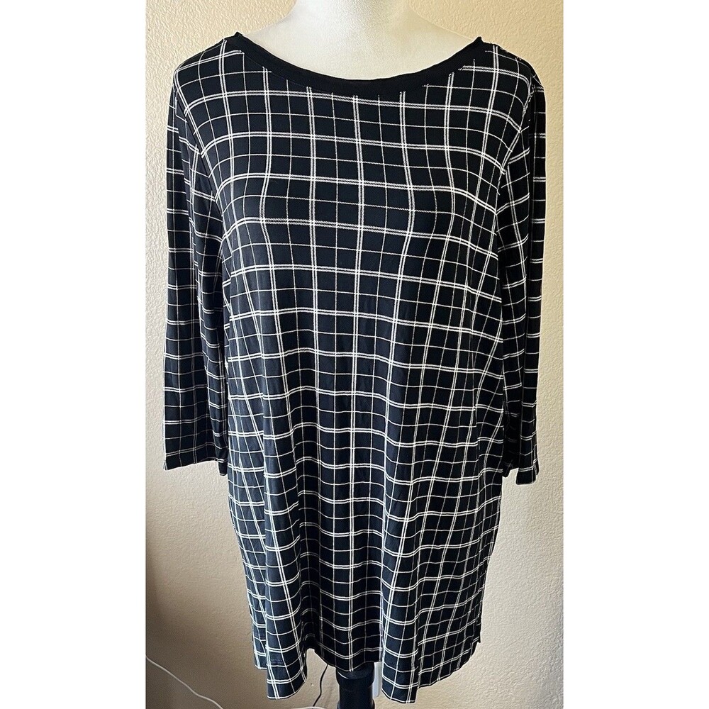 J. Jill Wearever Black Grid Plaid 3/4 Sleeve Tunic Top Large Petite L P Comfort